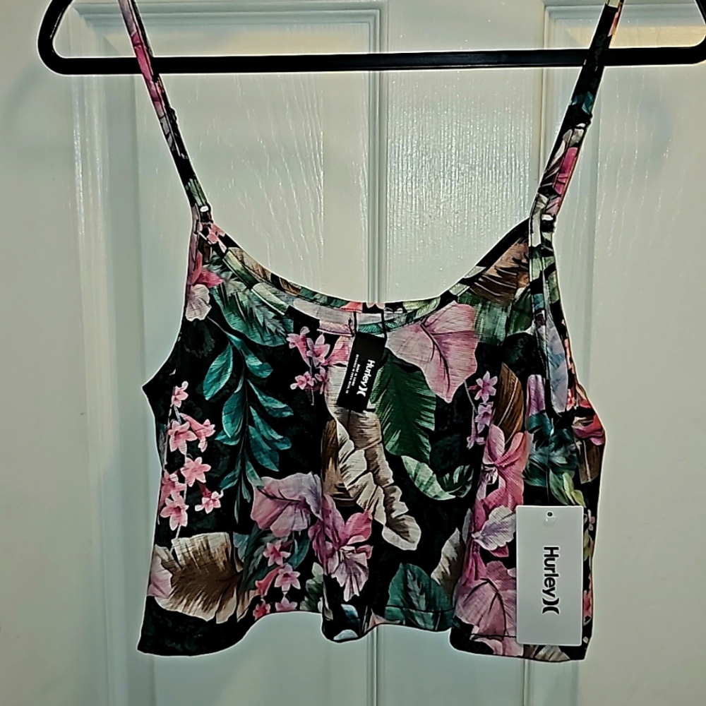 Hurley Floral Crop Tank Top in Black, Pink, Green